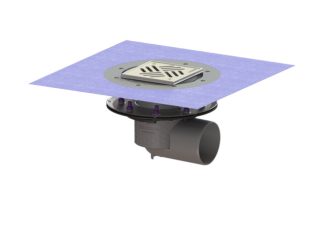 Σιφώνι Practicus,  με πλάγια έξοδο Φ110, με πρεσαριστή φλάντζα στεγάνωσης, με σχάρα σχισμών 150x150 mm, K3 με φλάντζα στεγάνωσης