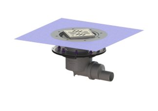 Σιφώνι Practicus,  με πλάγια έξοδο Φ50, με πρεσαριστή φλάντζα στεγάνωσης, με σχάρα σχισμών 132X132 mm, L15 με φλάντζα στεγάνωσης