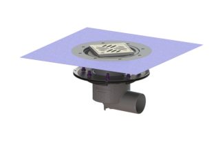 Σιφώνι Practicus,  με πλάγια έξοδο Φ75, με πρεσαριστή φλάντζα στεγάνωσης, με σχάρα σχισμών 132X132 mm, L15 με φλάντζα στεγάνωσης