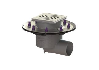 Σιφώνι Practicus,  με πλάγια έξοδο Φ75, με πρεσαριστή φλάντζα στεγάνωσης, με σχάρα σχισμών 132X132 mm, L15