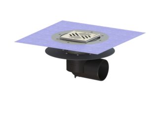 Σιφώνι Ecoguss, με κολλητή φλάντζα στεγάνωσης με πλάγια έξοδο Φ110, με σχάρα σχισμών 150x150 mm, K3 με φλάντζα στεγάνωσης