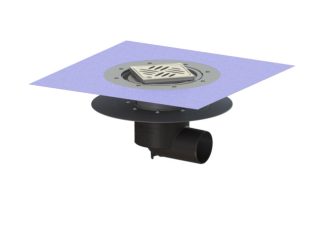 Σιφώνι Ecoguss, με κολλητή φλάντζα στεγάνωσης με πλάγια έξοδο Φ83, με σχάρα σχισμών 132X132 mm, L15 με φλάντζα στεγάνωσης