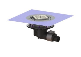 Σιφώνι Ecoguss, με πρεσαριστή φλάντζα στεγάνωσης με πλάγια έξοδο Φ58, με σχάρα σχισμών 132X132 mm, L15 με φλάντζα στεγάνωσης