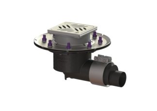 Σιφώνι Ecoguss, με πρεσαριστή φλάντζα στεγάνωσης με πλάγια έξοδο Φ58, με σχάρα σχισμών 132X132 mm, L15