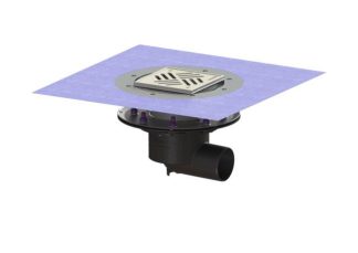 Σιφώνι Ecoguss, με πρεσαριστή φλάντζα στεγάνωσης με πλάγια έξοδο Φ78, με σχάρα σχισμών 150x150 mm, K3 με φλάντζα στεγάνωσης