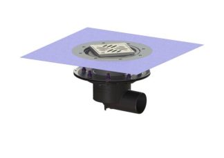 Σιφώνι Ecoguss, με πρεσαριστή φλάντζα στεγάνωσης με πλάγια έξοδο Φ78, με σχάρα σχισμών 132X132 mm, L15 με φλάντζα στεγάνωσης