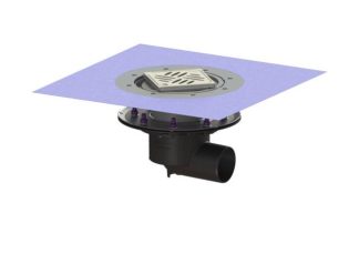 Σιφώνι Ecoguss, με πρεσαριστή φλάντζα στεγάνωσης με πλάγια έξοδο Φ83, με σχάρα σχισμών 132X132 mm, L15 με φλάντζα στεγάνωσης