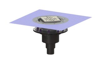 Σιφώνι Ecoguss, με πρεσαριστή φλάντζα στεγάνωσης με κατακόρυφη έξοδο Φ58, με σχάρα σχισμών 132X132 mm, L15 με φλάντζα στεγάνωσης