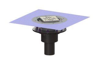 Σιφώνι Ecoguss, με πρεσαριστή φλάντζα στεγάνωσης με κατακόρυφη έξοδο Φ83, με σχάρα σχισμών 132X132 mm, L15 με φλάντζα στεγάνωσης